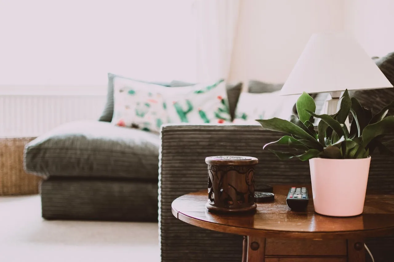 Eco-friendly home interior with natural light, indoor plants, and reusable household items